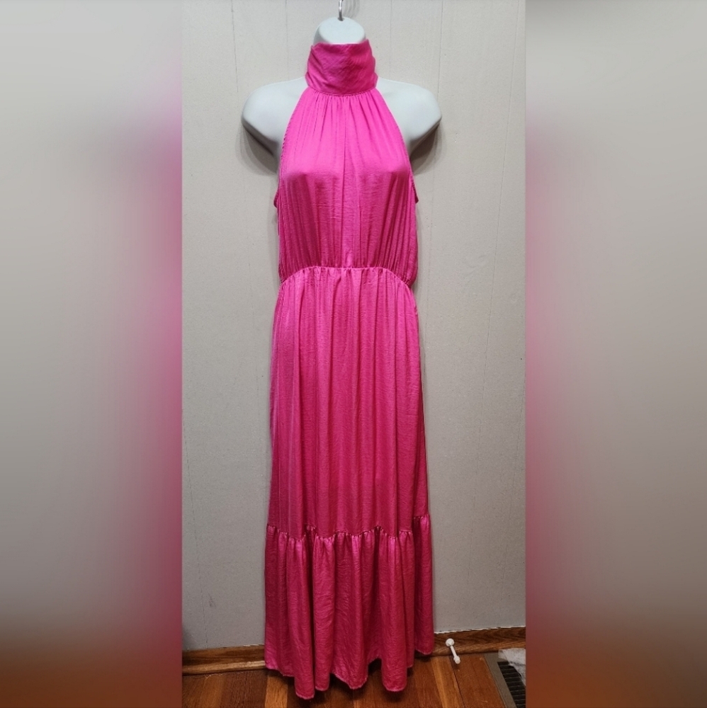 Worthington Maxi‎ Dress Small Halter Neck Pink Long Ruffle Party Summer B709